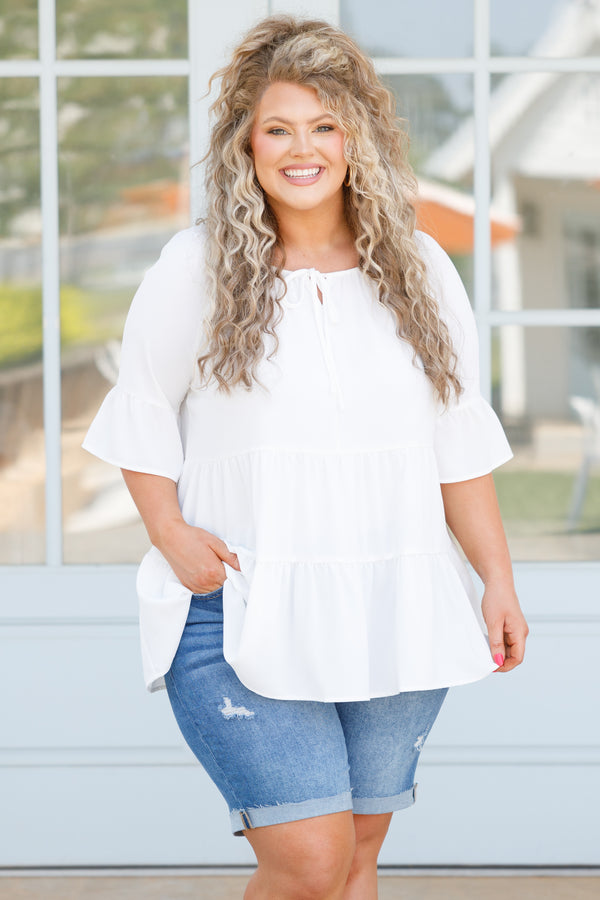 Chic Soul plus size clothing, white tiered flowy top with ruffle on sleeves and a tie at neckline