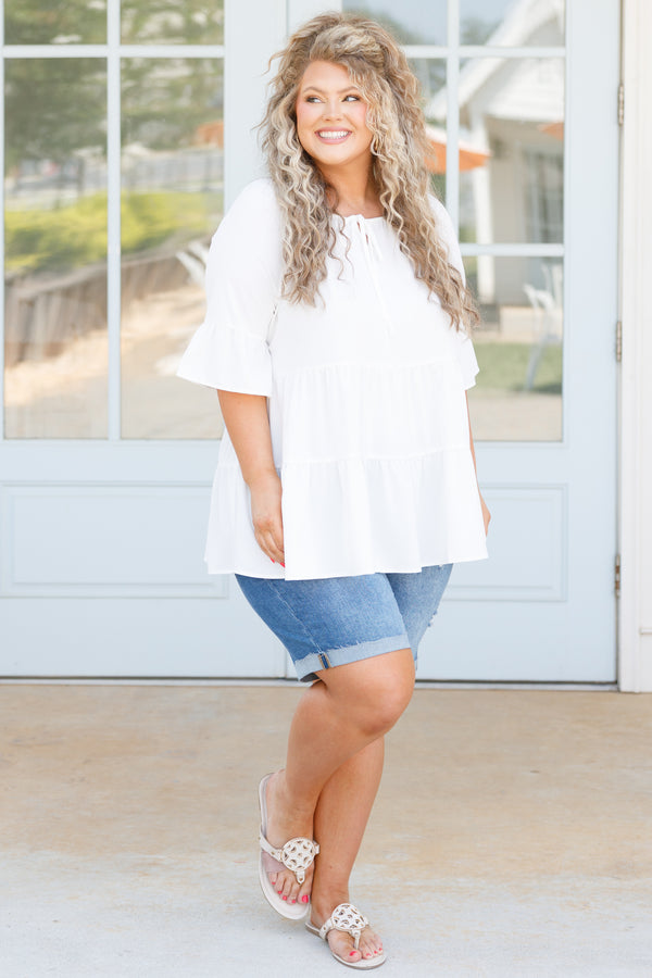 Chic Soul plus size clothing, white tiered flowy top with ruffle on sleeves and a tie at neckline