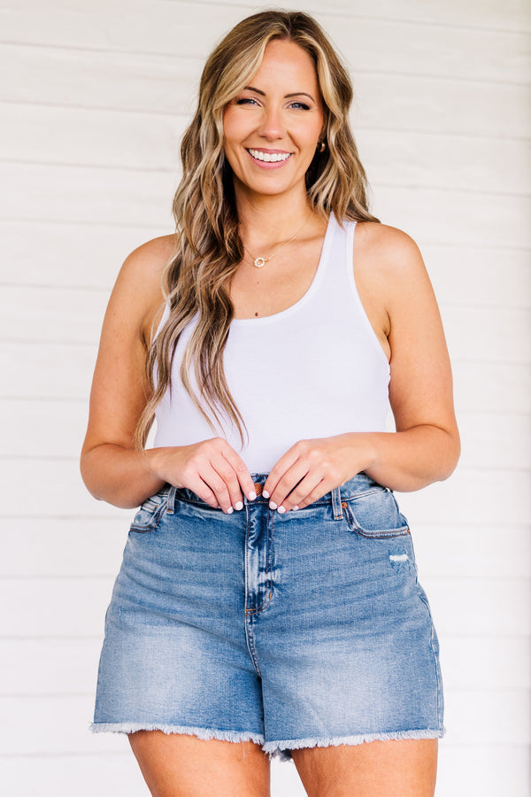 Chic Soul plus size clothing, medium wash denim shorts with frayed hem and no distressing