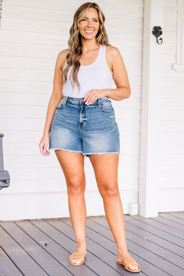 Chic Soul plus size clothing, medium wash denim shorts with frayed hem and no distressing