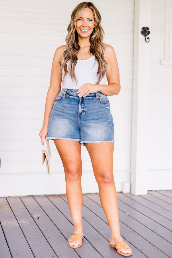 Chic Soul plus size clothing, medium wash denim shorts with frayed hem and no distressing
