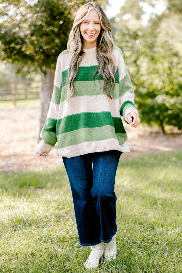 Chic Soul plus size clothing, long sleeve sweater with different shades of green horizontal stripes