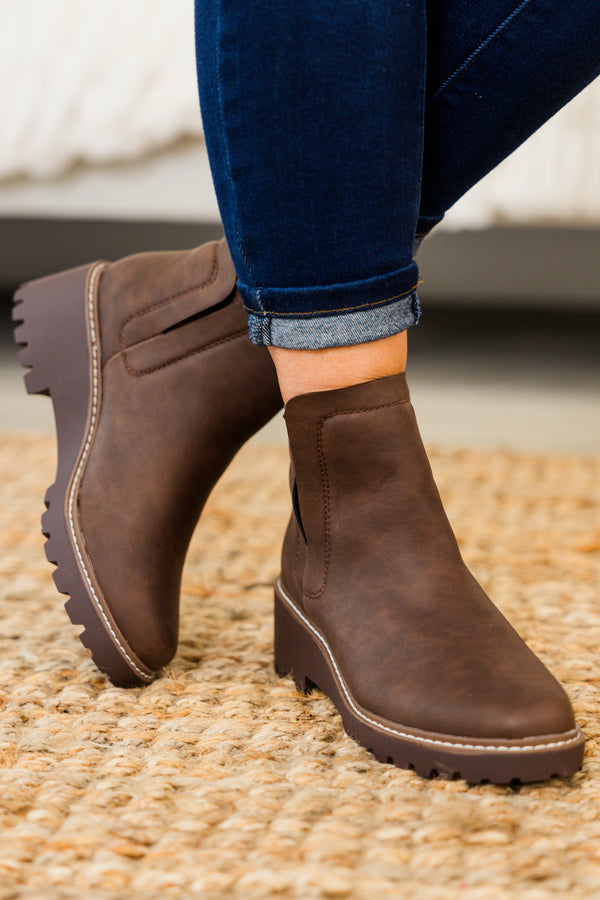 Chic Soul plus size clothing, brown round toe chelsea booties with block heel