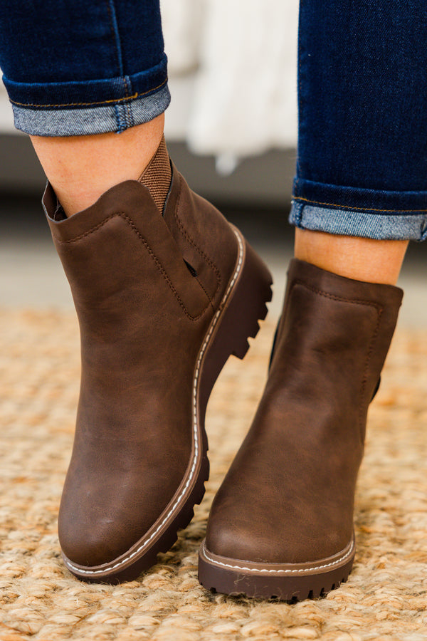 Chic Soul plus size clothing, brown round toe chelsea booties with block heel