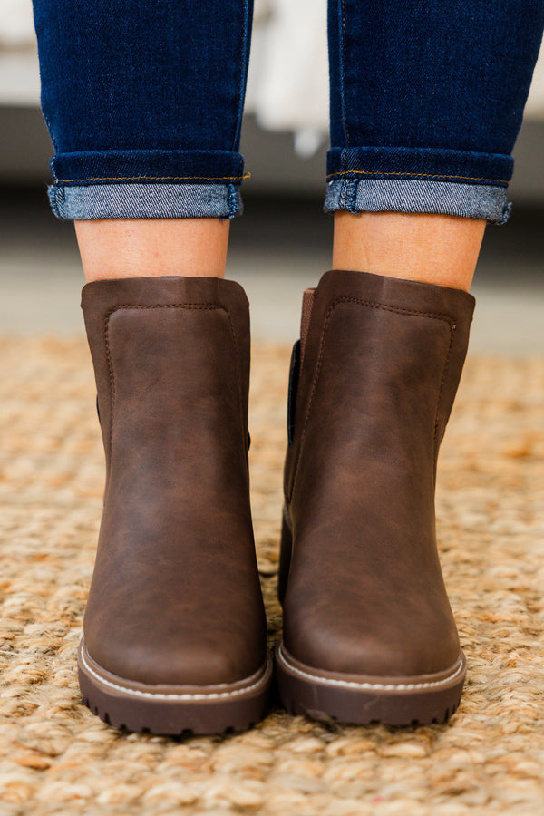 Chic Soul plus size clothing, brown round toe chelsea booties with block heel