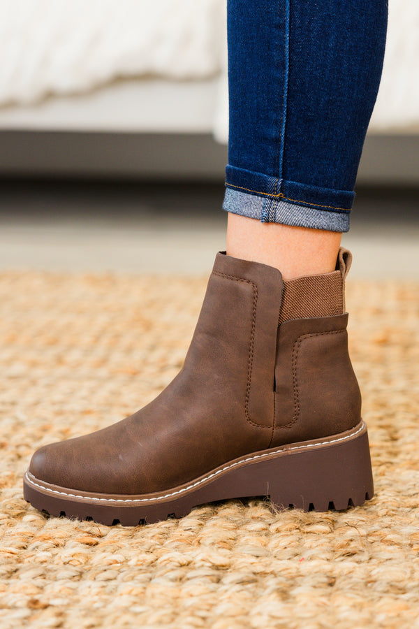 Chic Soul plus size clothing, brown round toe chelsea booties with block heel