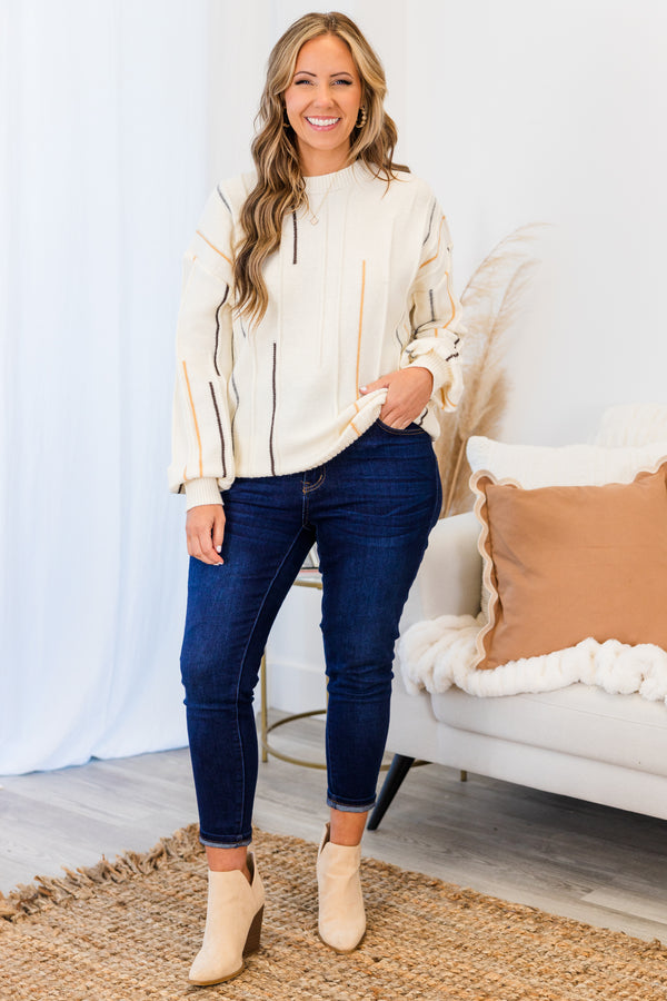 Chic Soul plus size clothing, white long sleeve knit sweater with round neckline and cuff sleeves with outer stitch multicolor vertical stripe detailing