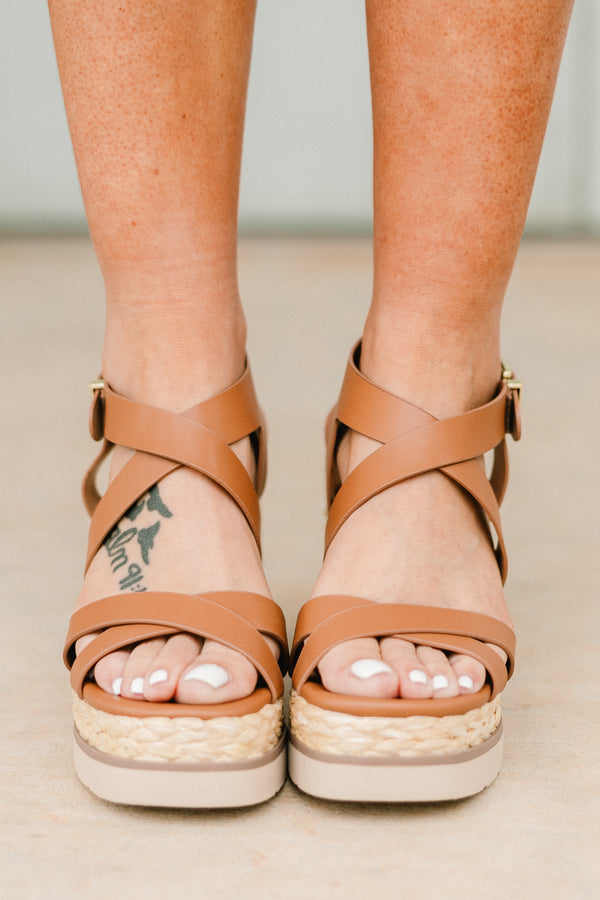 Chic Soul plus size clothing, tan and brown crisscross strap wedges with gold buckle and rattan wedge