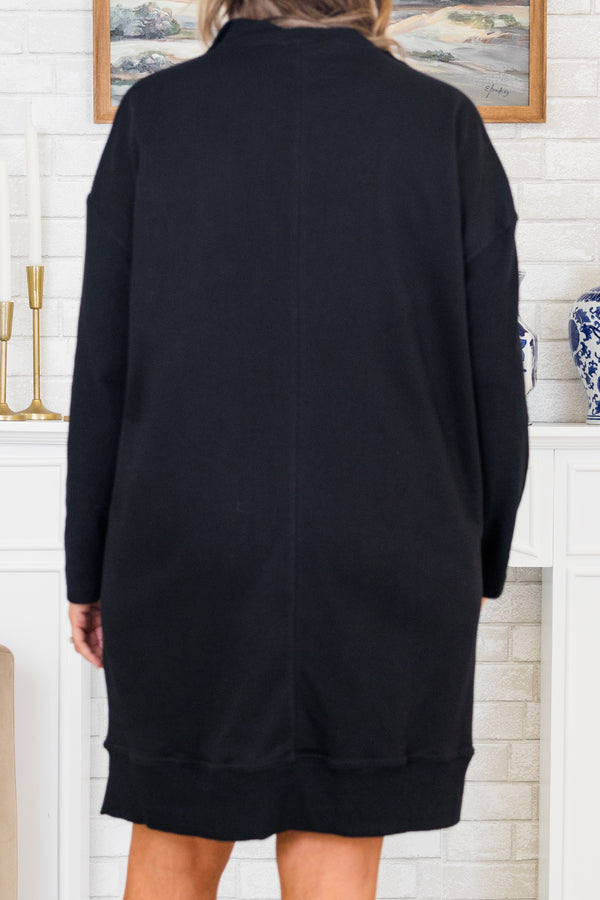 Chic Soul plus size clothing, black long sleeve mini dress with sweatshirt material with three quarter zip up detail with collar and front pockets