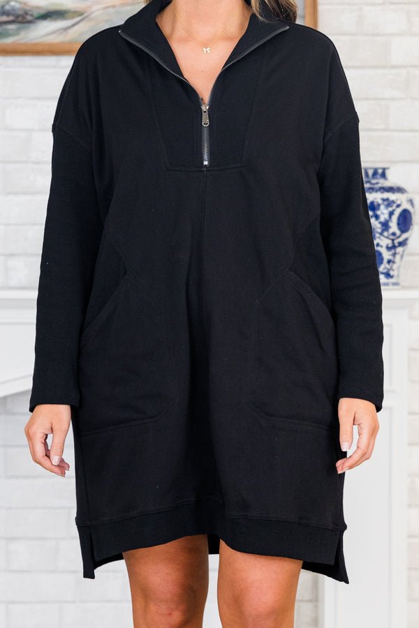 Chic Soul plus size clothing, black long sleeve mini dress with sweatshirt material with three quarter zip up detail with collar and front pockets