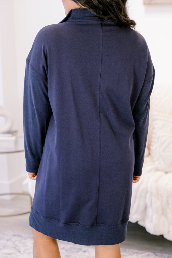 Chic Soul plus size clothing, navy blue long sleeve quarter zip sweatshirt dress with side pockets