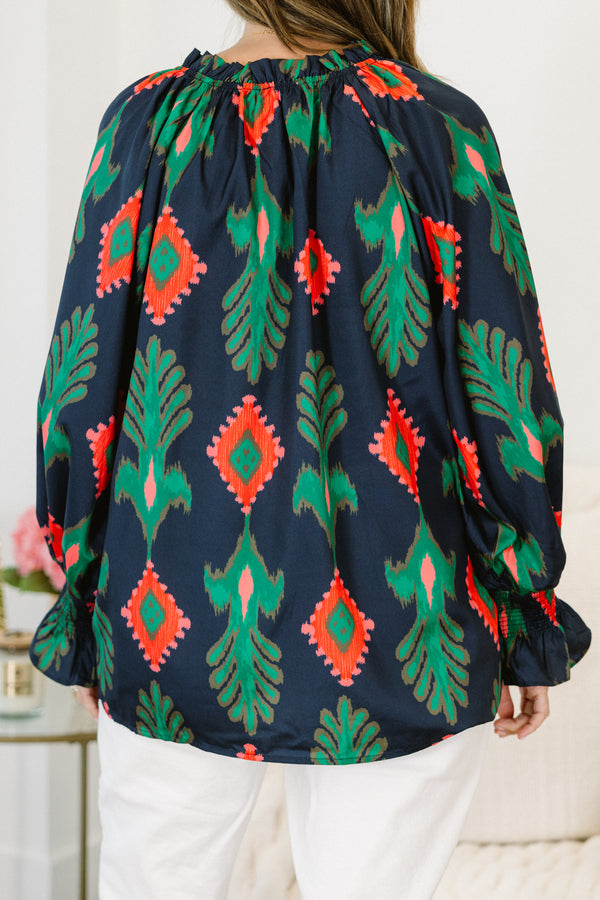 Chic Soul plus size clothing, navy blue long-balloon sleeve string tie v-neck top with abstract green and red-orange pattern