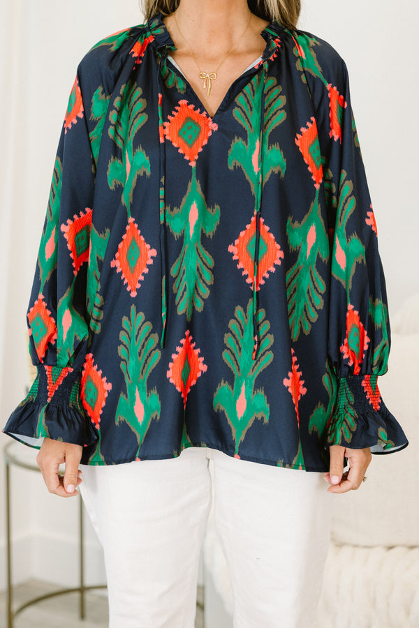 Chic Soul plus size clothing, navy blue long-balloon sleeve string tie v-neck top with abstract green and red-orange pattern