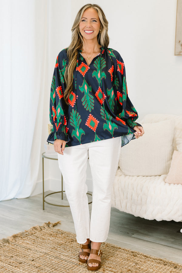 Chic Soul plus size clothing, navy blue long-balloon sleeve string tie v-neck top with abstract green and red-orange pattern