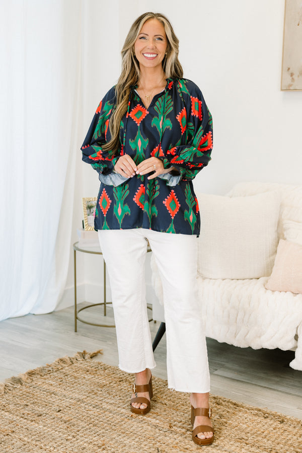 Chic Soul plus size clothing, navy blue long-balloon sleeve string tie v-neck top with abstract green and red-orange pattern