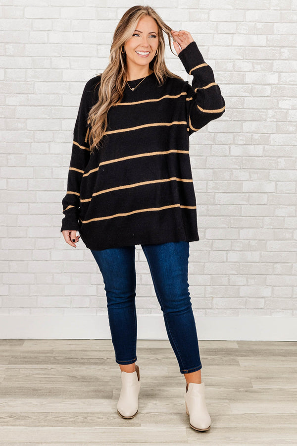 Chic Soul plus size clothing, black knitted oversized sweater with brown stripes
