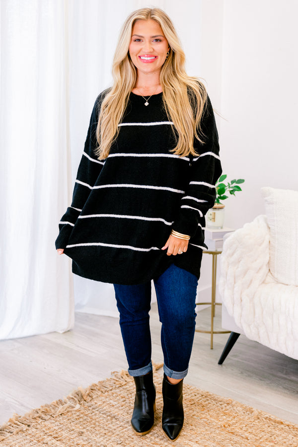 Plus Size black and cream striped sweater with a relaxed fit, crew neckline, and long sleeves.