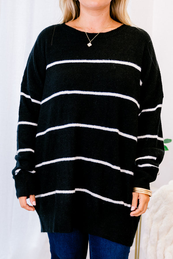 Plus Size black and cream striped sweater with a relaxed fit, crew neckline, and long sleeves.