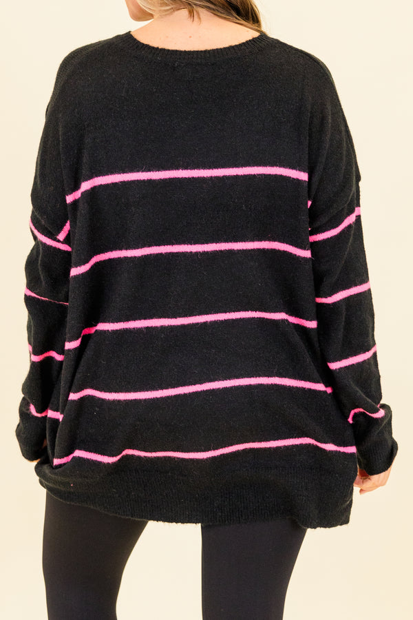 Chic Soul plus size clothing, black knit sweater with pink stripes