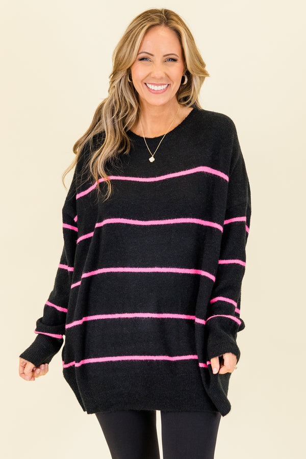 Chic Soul plus size clothing, black knit sweater with pink stripes