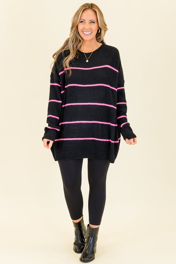 Chic Soul plus size clothing, black knit sweater with pink stripes