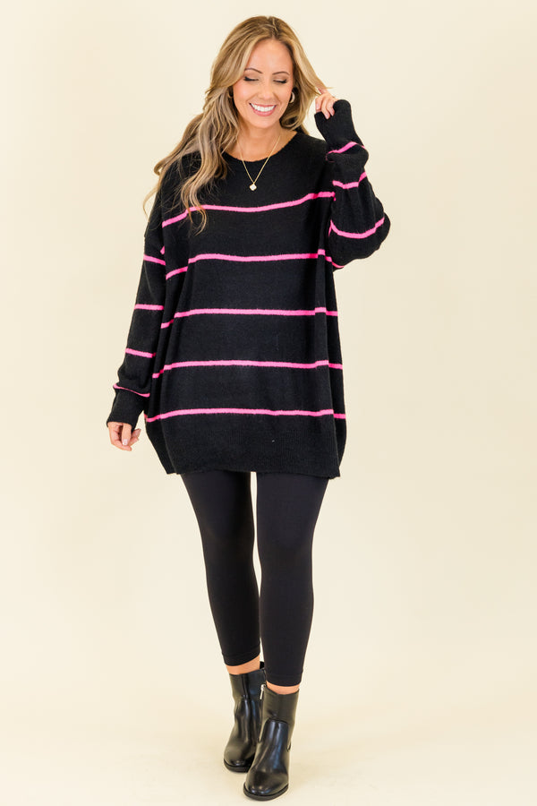 Chic Soul plus size clothing, black knit sweater with pink stripes