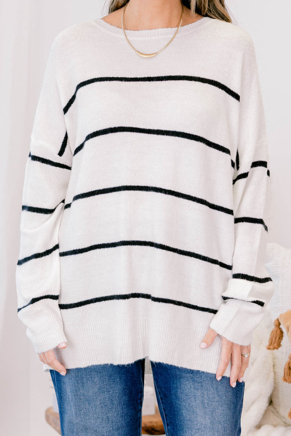 Chic Soul plus size clothing, dove white cream oversized sweater top with skinny black stripes