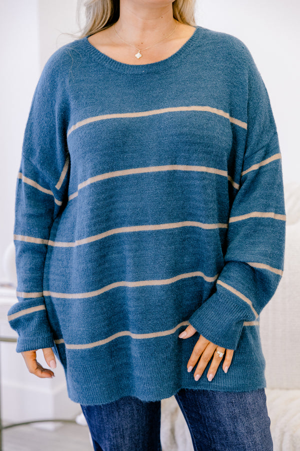 Chic Soul plus size clothing, blue long sleeve tunic sweater with thin tan horizontal stripes