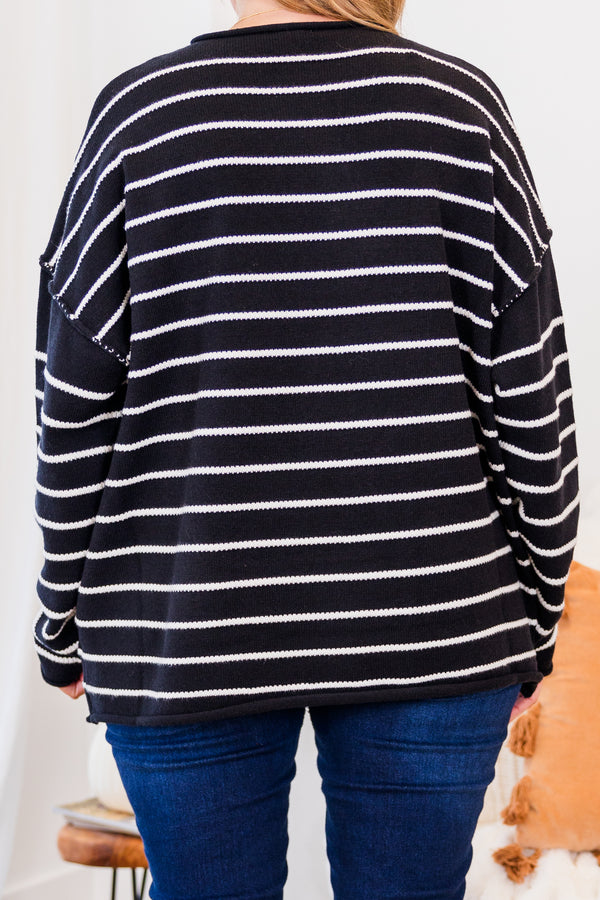 Chic Soul plus size clothing, long-sleeve black sweater with high-scoop-neckline and white striped pattern with inside-out distressed stitching
