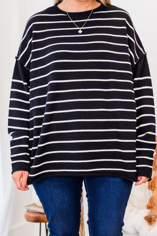 Chic Soul plus size clothing, long-sleeve black sweater with high-scoop-neckline and white striped pattern with inside-out distressed stitching