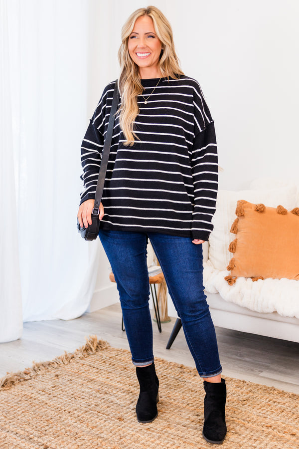 Chic Soul plus size clothing, long-sleeve black sweater with high-scoop-neckline and white striped pattern with inside-out distressed stitching