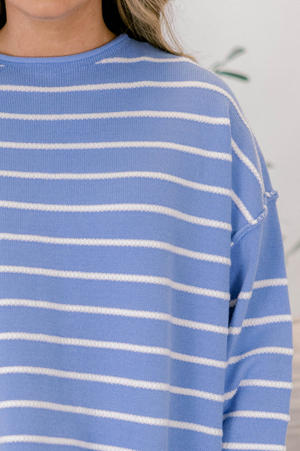 Chic Soul plus size clothing, baby blue long sleeve sweater with thin white horizontal stripes