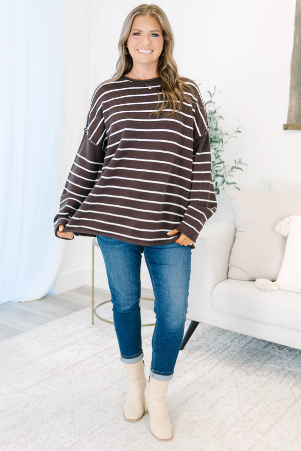 Plus size clothing, chocolate and white striped oversized sweater