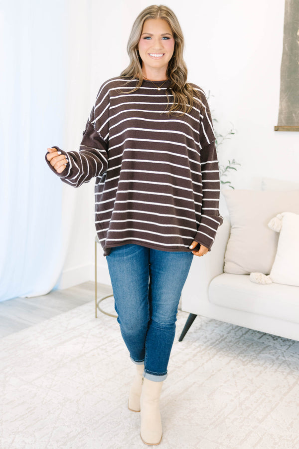 Plus size clothing, chocolate and white striped oversized sweater