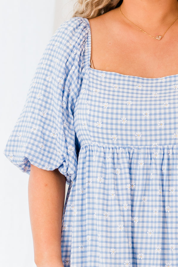 Chic Soul plus size clothing, blue gingham print short sleeve mini dress with white flower embroidery with square neckline and puff sleeves