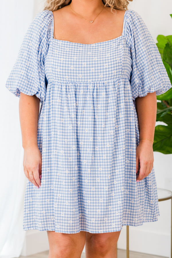 Chic Soul plus size clothing, blue gingham print short sleeve mini dress with white flower embroidery with square neckline and puff sleeves