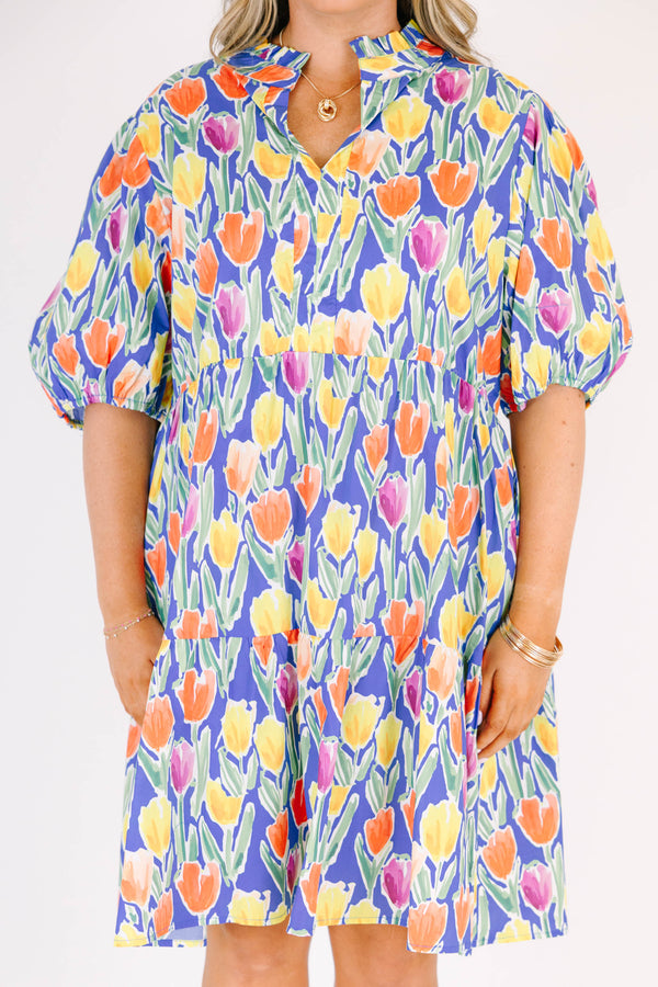 Chic Soul plus size clothing, blue short sleeve tiered mini dress with orange/yellow/pink floral tulip print with v cutout along neckline with puff sleeves