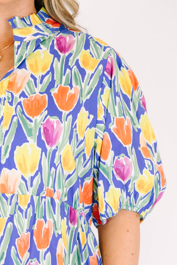 Chic Soul plus size clothing, blue short sleeve tiered mini dress with orange/yellow/pink floral tulip print with v cutout along neckline with puff sleeves