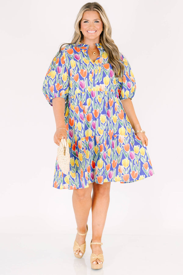 Chic Soul plus size clothing, blue short sleeve tiered mini dress with orange/yellow/pink floral tulip print with v cutout along neckline with puff sleeves