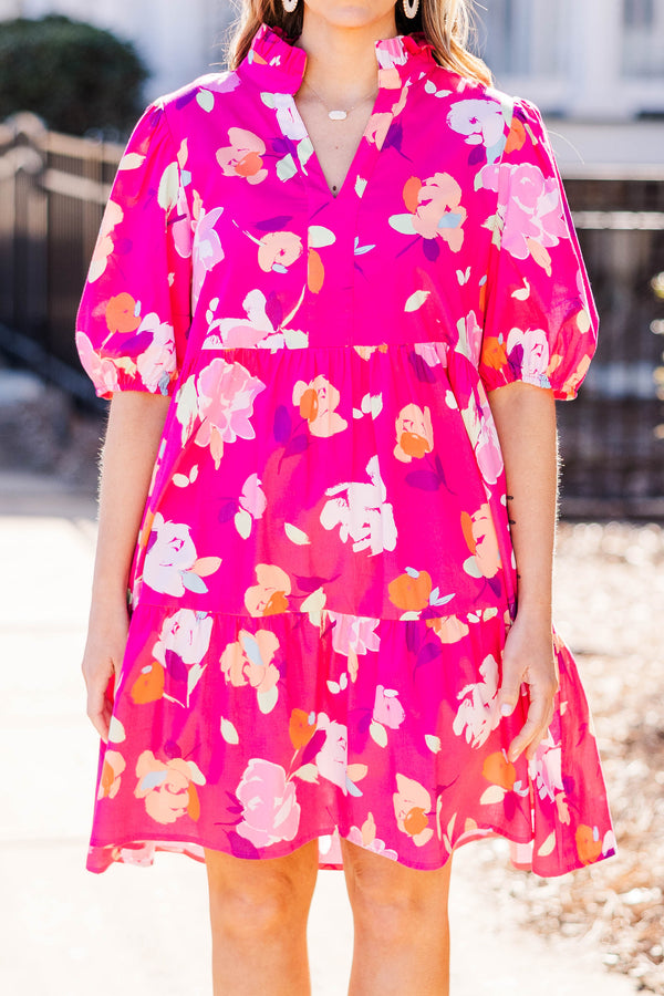 Chic Soul plus size clothing, fuchsia short sleeve tiered dress with puff sleeves and v neck with floral design