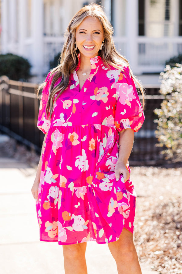 Chic Soul plus size clothing, fuchsia short sleeve tiered dress with puff sleeves and v neck with floral design