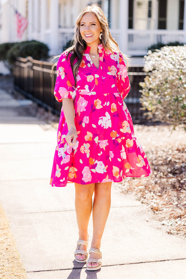 Chic Soul plus size clothing, fuchsia short sleeve tiered dress with puff sleeves and v neck with floral design