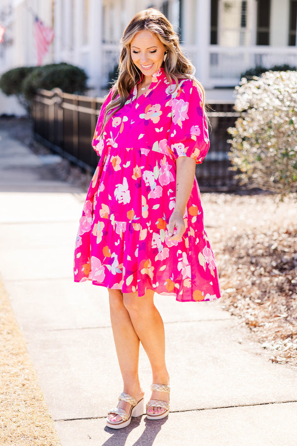 Chic Soul plus size clothing, fuchsia short sleeve tiered dress with puff sleeves and v neck with floral design
