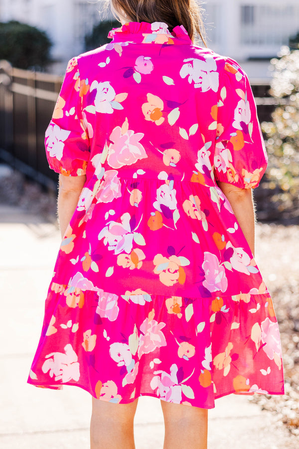 Chic Soul plus size clothing, fuchsia short sleeve tiered dress with puff sleeves and v neck with floral design