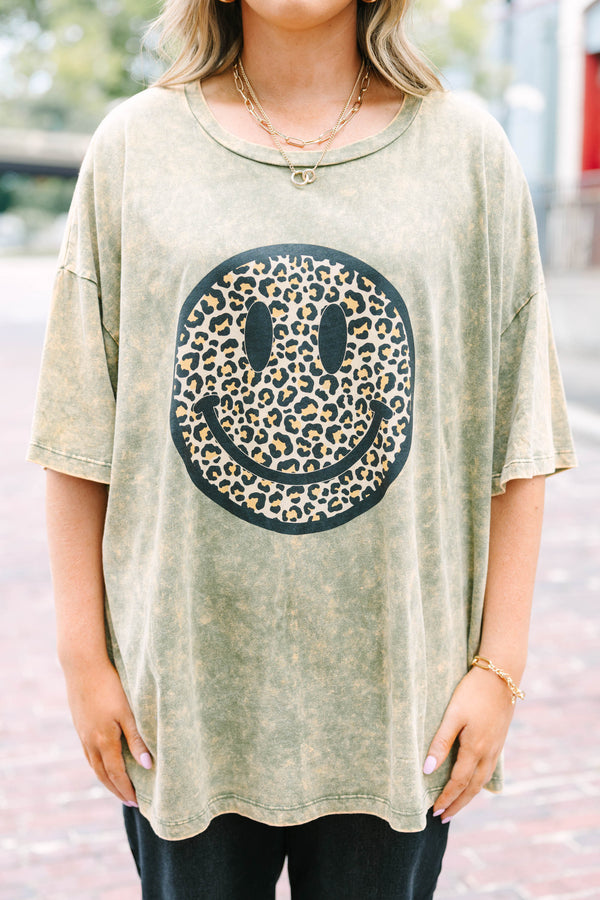 Chic Soul plus size clothing, golden olive oversized acid wash tee with leopard smiley face graphic
