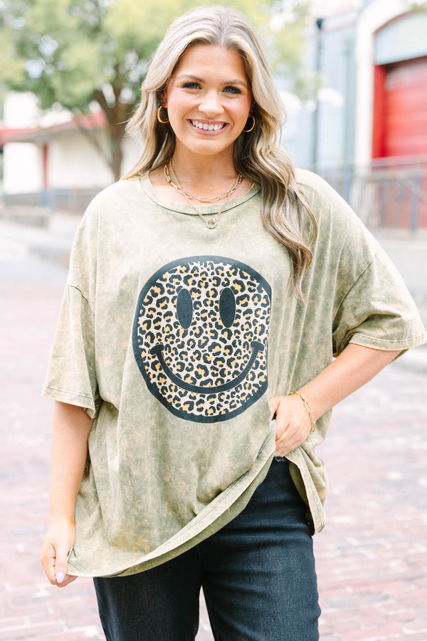 Chic Soul plus size clothing, golden olive oversized acid wash tee with leopard smiley face graphic