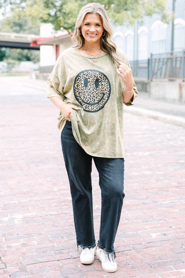 Chic Soul plus size clothing, golden olive oversized acid wash tee with leopard smiley face graphic