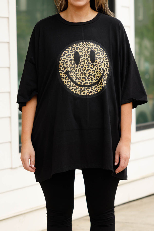 Chic Soul plus size clothing, black oversized tee with a leopard smiley graphic