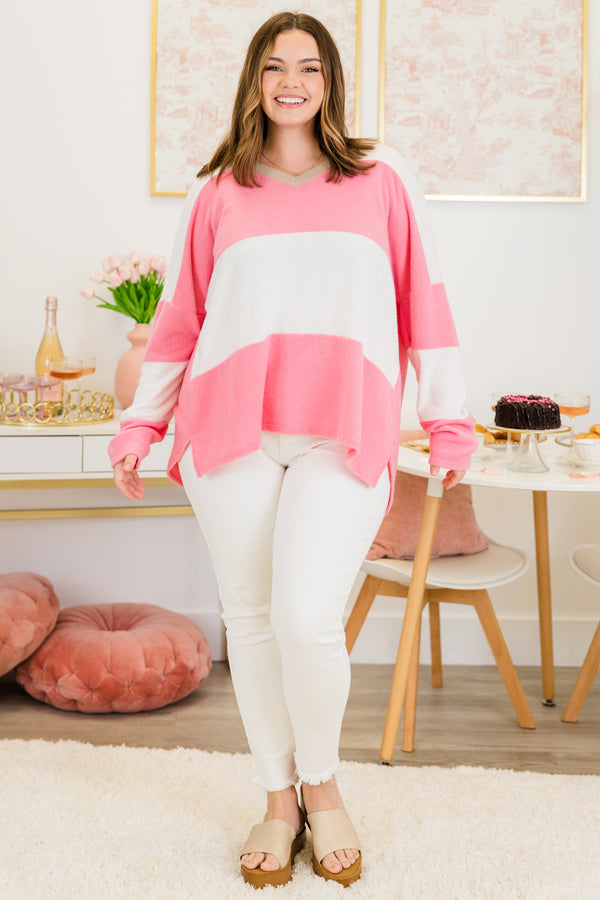 Chic Soul plus size clothing, long-sleeve pink pullover top with a high-v-neckline and white color-block striped pattern with mocha tan detailing on the neckline 