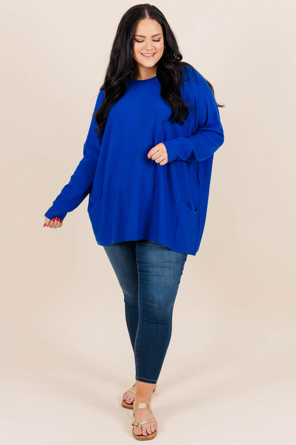 Chic Soul plus size clothing, cobalt blue long sleeve top with front pockets on the bottom